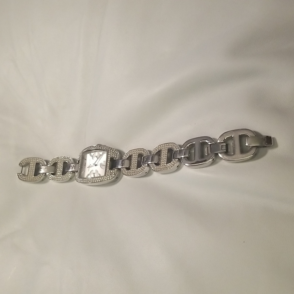 Women's Michael Kors Stainless Steel Rhinestones & Silver Link Bracelet Band; 8"